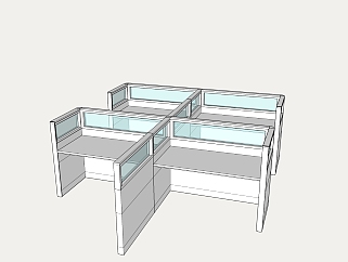 出字型办公室屏风SU模型，办公桌草图大师模型下载