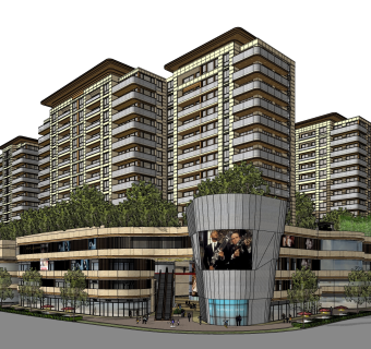 现代商业街草图大师模型，商业综合体sketchup模型免费下载