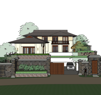 新中式独栋别墅草图大师模型，sketchup别墅su模型下载