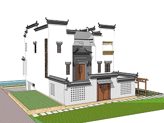 新中式徽派建筑草图大师模型，古建民俗sketchup模型免费下载