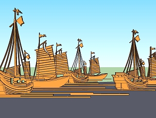 中式船景观小品su模型下载、船景观小品草图大师模型下载