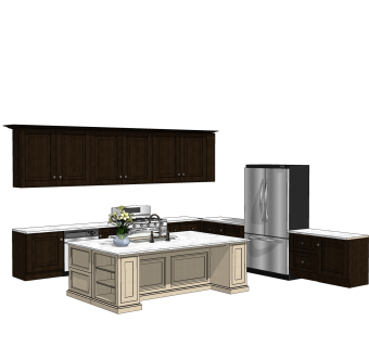 美式橱柜草图大师免费模型，岛型厨房柜sketchup模型下载