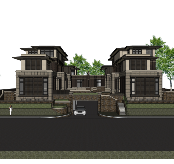 新中式连排别墅su模型下载，sketchup别墅草图大师模型