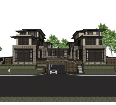 新中式连排别墅su模型下载，sketchup别墅草图大师模型