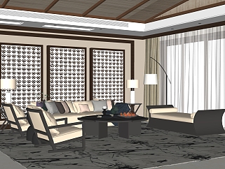 新中式风格客厅skp模型，客厅skb文件下载