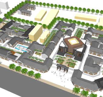 中式造型商业街草图大师模型，商业综合体sketchup模型免费下载