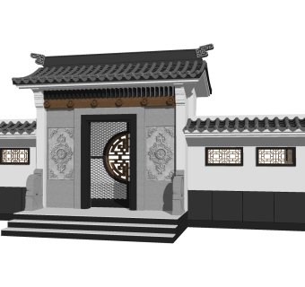 中式院门院墙草图大师模型，院门院墙sketchup模型免费下载