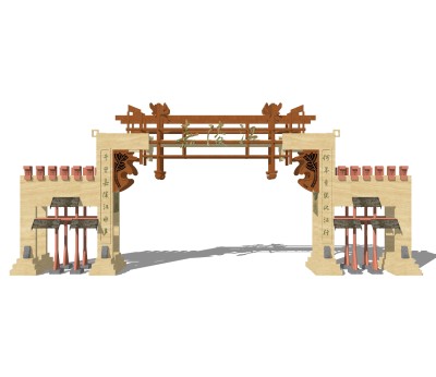 新中式景区大门入口sketchup模型，大门入口草图大师模型下载