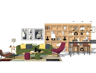 现代新中式客厅草图大师模型，客厅sketchup模型下载
