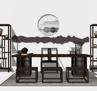 高雅新中式茶桌草图大师模型库下载