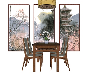 新中式实木餐桌椅免费su模型，实木餐桌草图大师模型下载