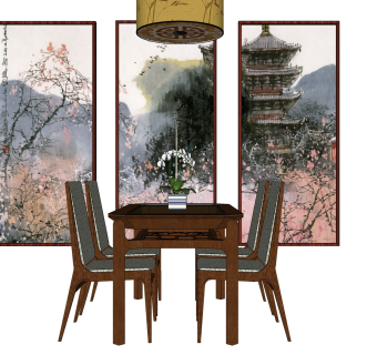 新中式实木餐桌椅免费su模型，实木餐桌草图大师模型下载