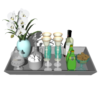 现代酒瓶酒杯托盘sketchup模型，餐具草图大师模型下载