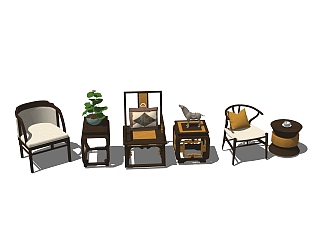 中式实木圈椅边几组合草图大师模型，圈椅边几sketchup...