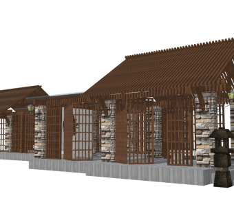 新中式廊架草图大师模型， 廊架sketchup模型下载