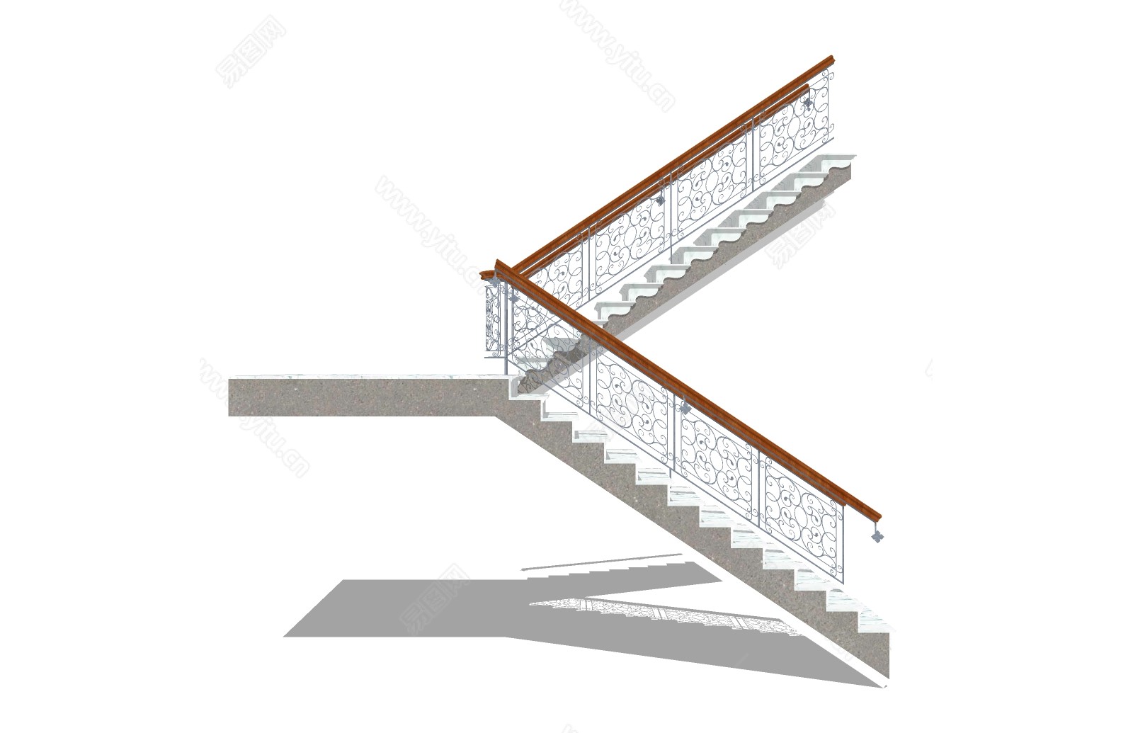 双跑折角开放式铁艺楼梯su模型_楼梯间_土木在线