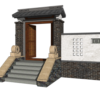 中式院门院墙草图大师模型，院门院墙sketchup模型免费下载