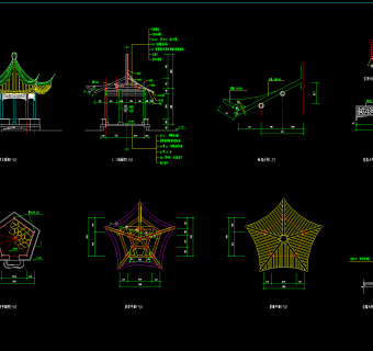 仿古建亭子施工图集，亭子CAD建筑图纸下载