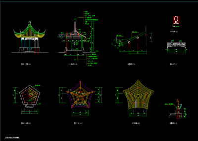 仿古建亭子施工图集，亭子CAD建筑图纸下载