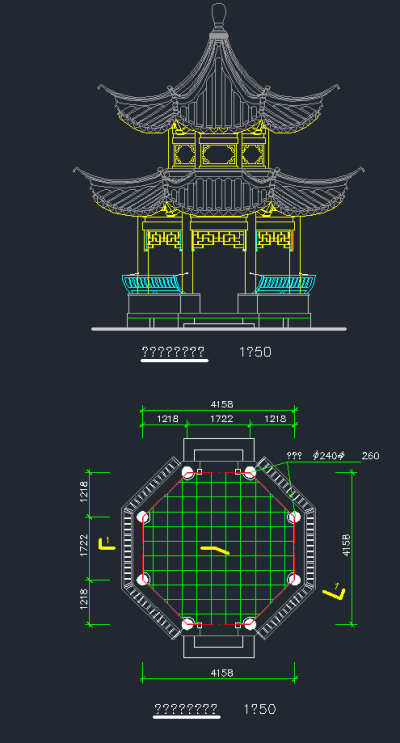 全套园林八角亭CAD施工图，八角亭CAD建筑图纸下载