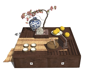 中式茶台茶具免费su模型下载、中式茶台茶具草图大师模型下载