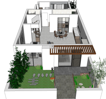 新中式风格客餐厅庭院sketchup模型下载