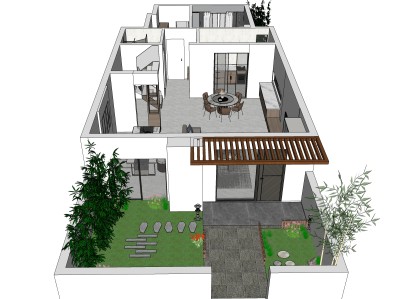  新中式风格客餐厅庭院sketchup模型下载