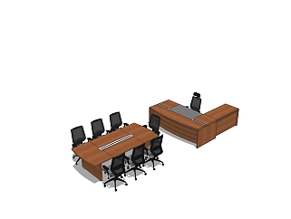 现代会议桌老板桌组合su模型，会议桌老板桌组合skp模型下载