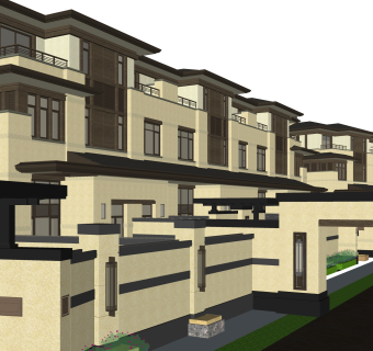 新中式连排别墅su模型下载，别墅草图大师模型分享