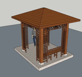 木制凉亭建筑su模型，凉亭草图大师模型免费下载