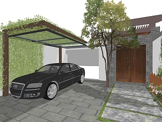 新中式家装庭院景观效果草图大师模型，家装庭院景观效果sketchup模型下载