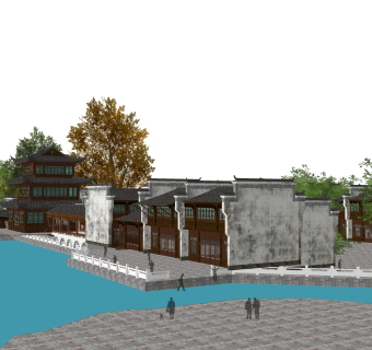 中式造型商业街草图大师模型，商业综合体sketchup模型免费下载