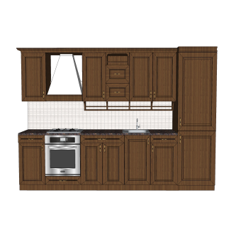 美式一字形橱柜草图大师模型，厨房柜sketchup模型下载