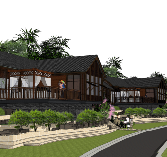 新中式民宿草图大师模型，民俗sketchup模型下载