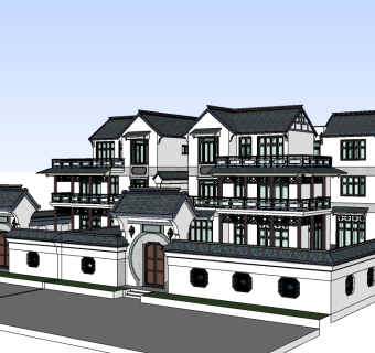 新中式连排别墅su模型免费下载，sketchup别墅草图大师模型
