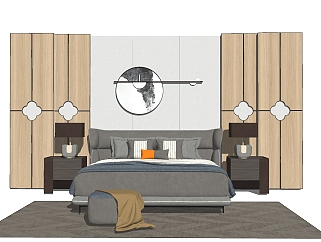<em>现代卧室</em>双人床组合草图大师模型，双人床skp模型下载