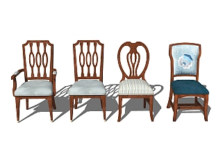 美式实木单椅组合草图大师模型，实木单椅sketchup模型下载