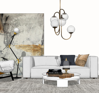 轻奢客厅su模型，客厅沙发茶几组合草图大师模型下载