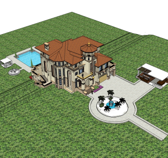 嘟嘟欧式泳池别墅草图大师模型，别墅SU模型下载