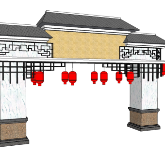 新中式大门su模型下载，sketchup入口大门skp模型下载