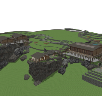 中式农家乐景观建筑草图大师模型，sketchup模型下载