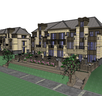 欧式连排别墅草图大师模型，别墅sketchup模型免费下载
