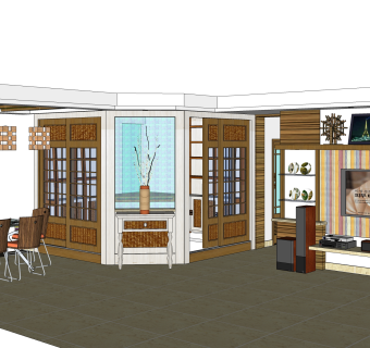 现代美式客餐厅免费su模型草图大师文件下载