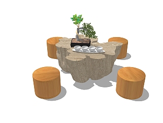 <em>中式</em>原木茶桌<em>椅</em>组合su模型，茶桌组合sketchup模型下载