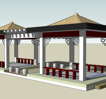 中式亭连花架草图大师模型，亭连花架sketchup模型下载