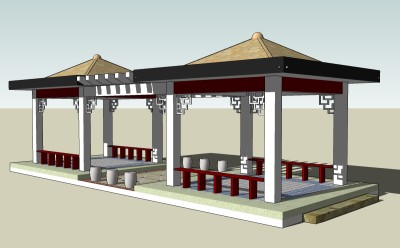 中式亭连花架草图大师模型，亭连花架sketchup模型下载