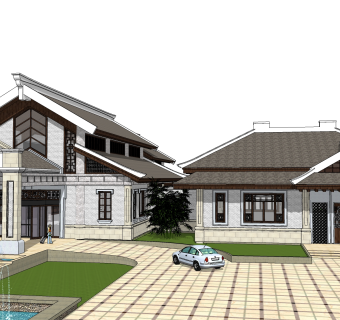 现代中式私人别墅草图大师模型，别墅sketchup模型