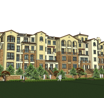 新中式别墅建筑，连排叠加别墅，SU模型免费下载