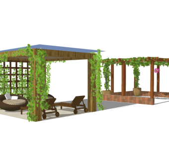 现代庭院实木花架组合草图大师模型，庭院实木花架组合sketchup模型下载