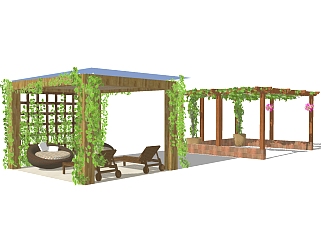 现代庭院实木花架组合草图大师模型，庭院实木花架组合sketchup模型下载